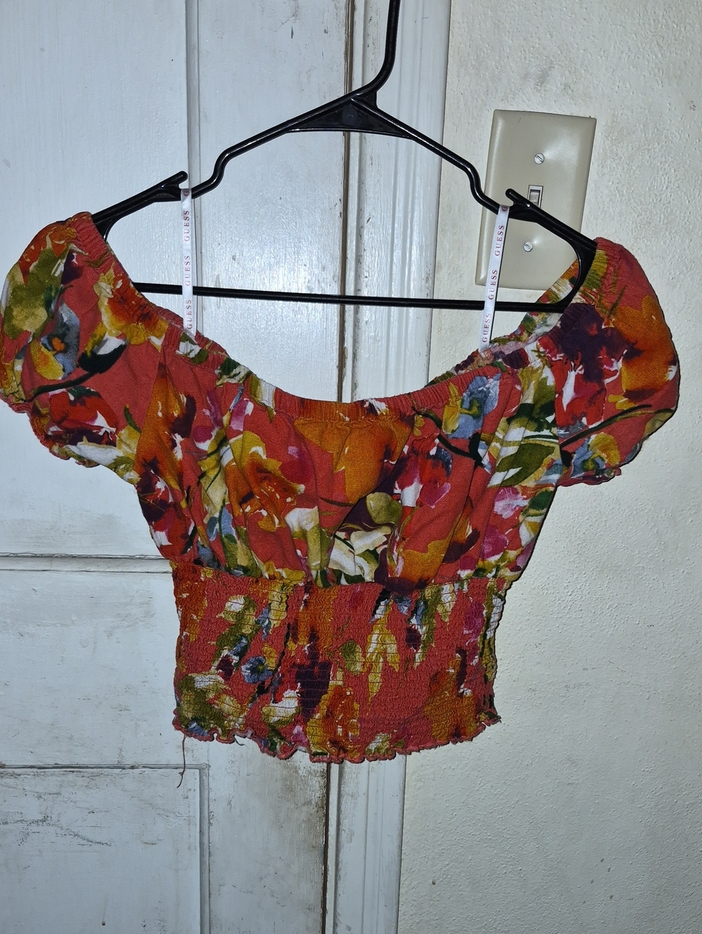 Guess Floral Off-Shoulder Smocked Crop Top - Rust Multi
